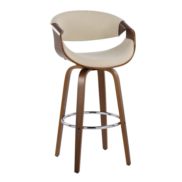 English Elm 30" Mid-century Swivel Barstool Walnut Bentwood Frame Woven Upholstered Seat Set of 2 Cream B202S00520