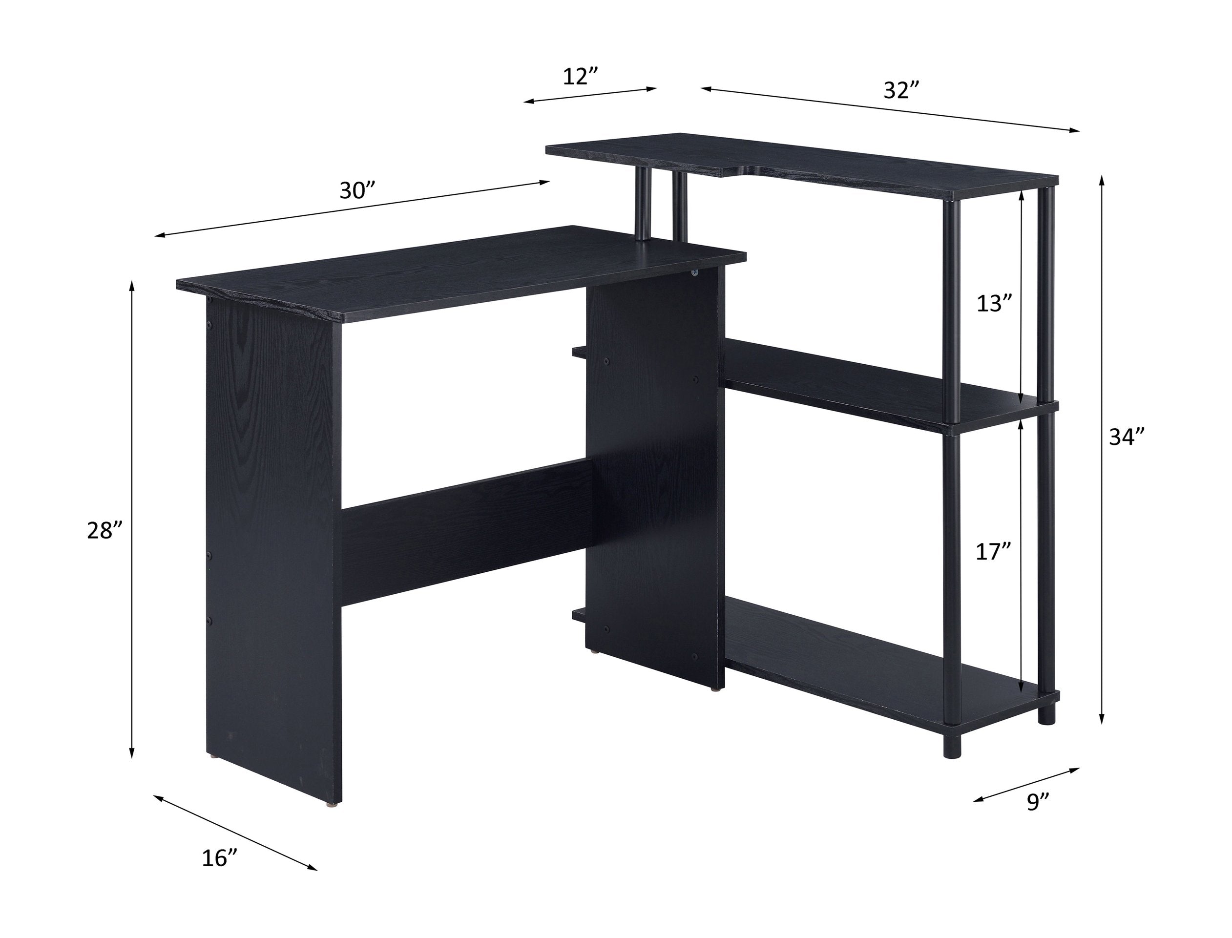 Levi L-Shaped Black Finish Writing Desk With 3-Tier Side Shelf, Durabl