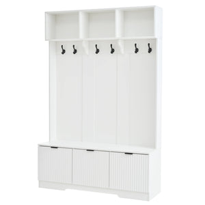 English Elm 49.6 Inch Farmhouse Hall Tree with Bench Shoe Cabinet Hooks and Open Shelving W3871S00001