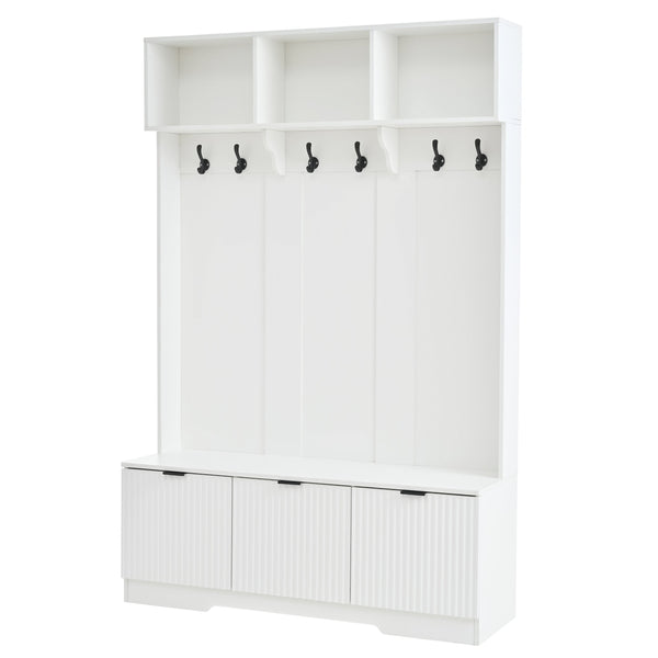 English Elm 49.6 Inch Farmhouse Hall Tree with Bench Shoe Cabinet Hooks and Open Shelving W3871S00001