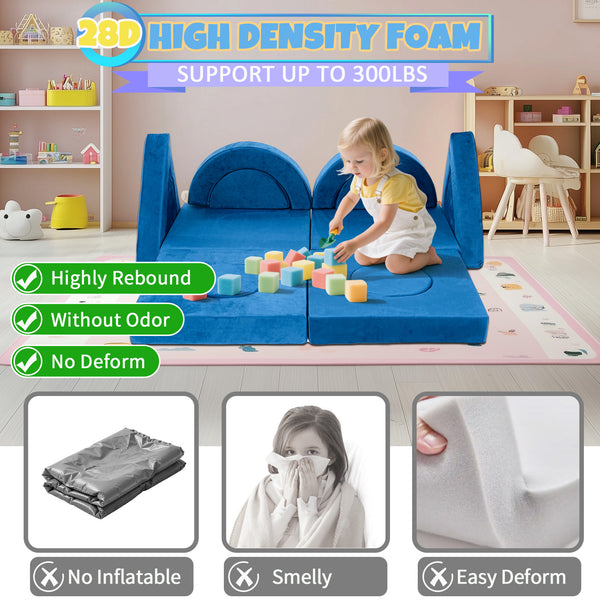 English Elm 14pcs Modular Foam Play Couch Set Convertible Toddler Fort Builder for Playrooms Blue T5880P493440