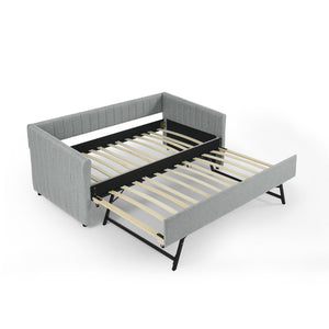 English Elm Twin Size Daybed With Trundle - Stylish Grey Linen Upholstered Sofa Bed With Vertical Stripes W1413S00089-GIGA