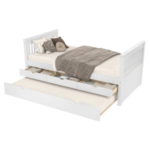 English Elm Twin Solid Wood Platform Bed with Trundle and Two Drawers, White Daybed for Kids Guests Off White W1580S00262