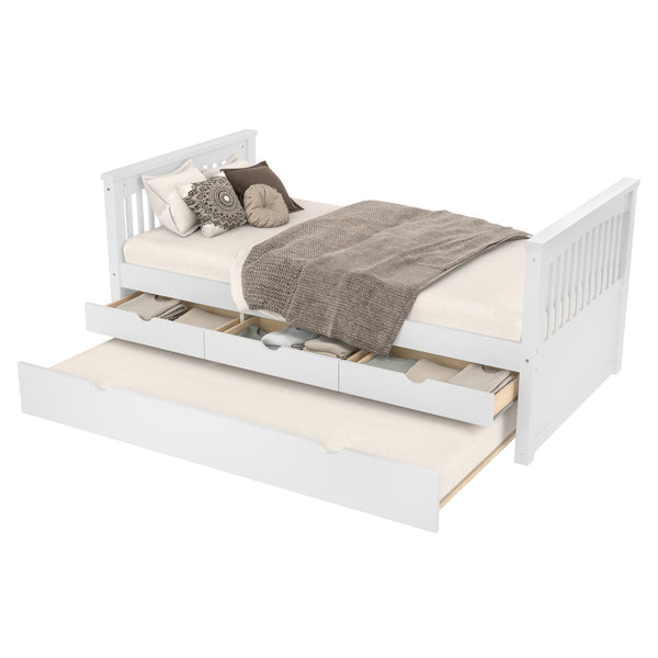 English Elm Twin Solid Wood Platform Bed with Trundle and Two Drawers, White Daybed for Kids Guests Off White W1580S00262