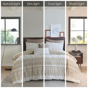 English Elm Full/Queen Mila 3 Piece Cotton Duvet Cover Set with Taupe Botanic Print, Chenille Chevron Tufting, OEKO-TEX Certified B035129140