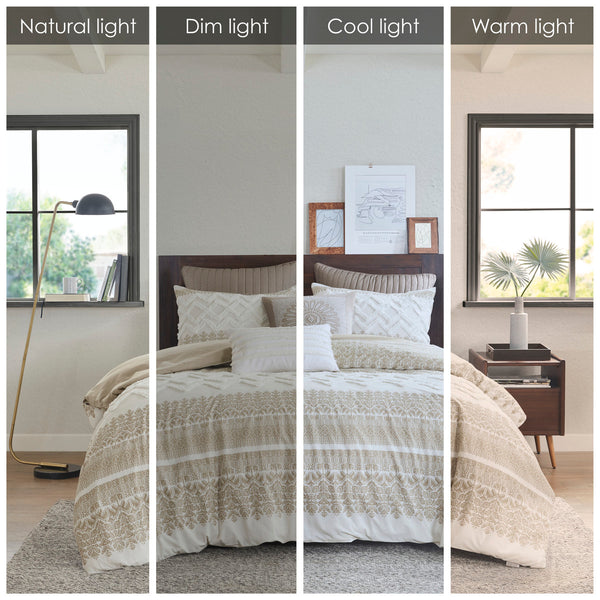 English Elm Full/Queen Mila 3 Piece Cotton Duvet Cover Set with Taupe Botanic Print, Chenille Chevron Tufting, OEKO-TEX Certified B035129140