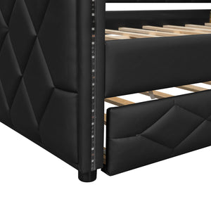 English Elm Full XL Upholstered Daybed with Trundle and Built-In LED Lighting, Tufted Arms, Solid Wood Frame Black N7090000611B