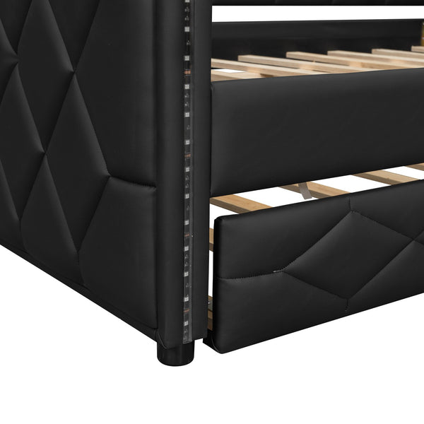 English Elm Full XL Upholstered Daybed with Trundle and Built-In LED Lighting, Tufted Arms, Solid Wood Frame Black N7090000611B