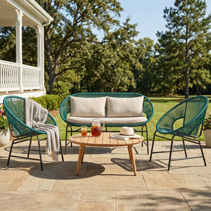 English Elm Nusa Outdoor Pe Rattan Conversation Set with Acacia Wood Coffee Table Patio Natural,Teal NUSA4PCSET-TEL