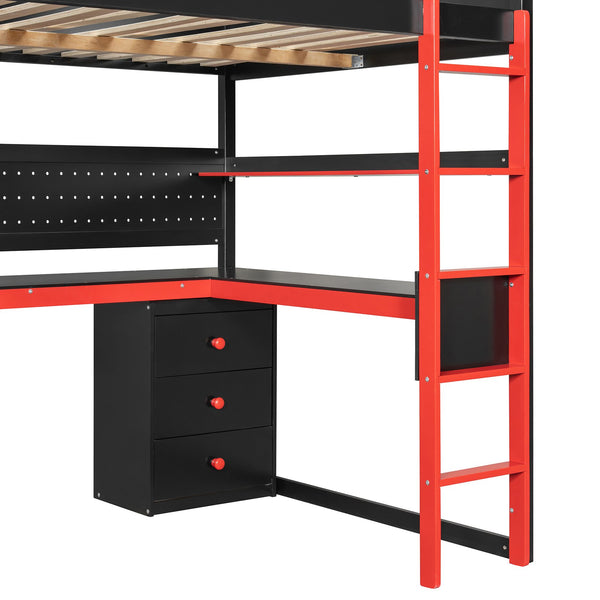 English Elm Full Size Gaming Loft Bed with Led Lighting Desk Shelves and Usb Charging Ports N820S00071J