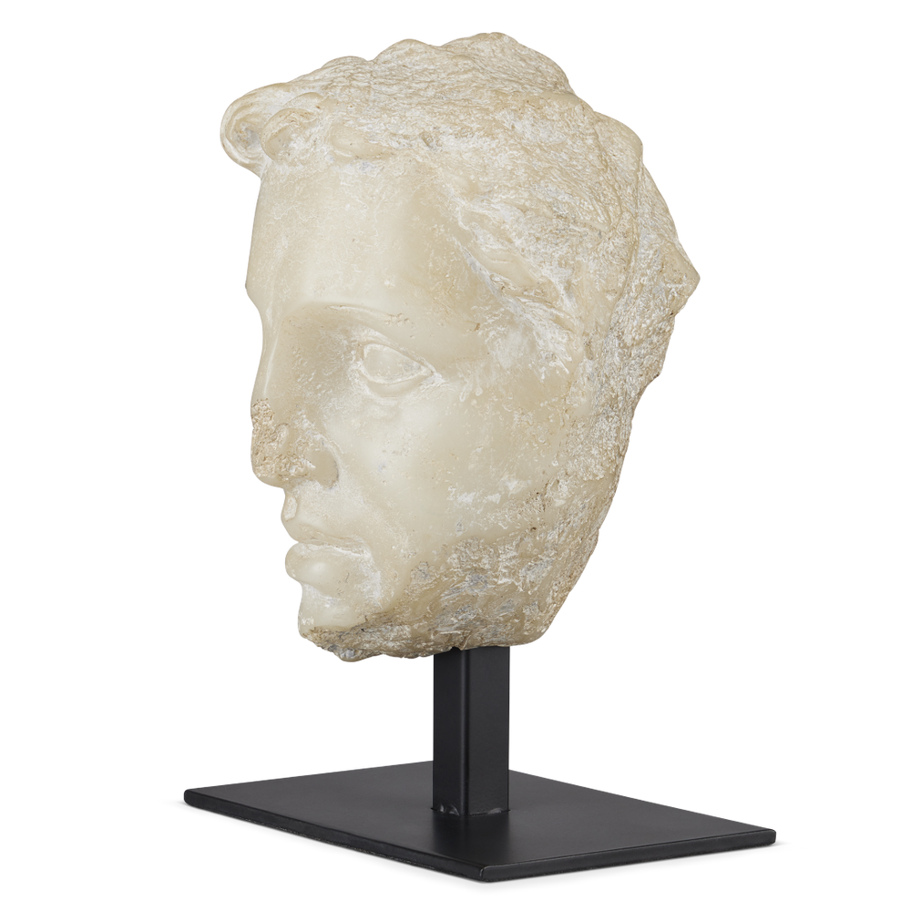 Greek Princess Head Fragment Sculpture - Aged Beige Artistry on Black Metal Base for Timeless Decor