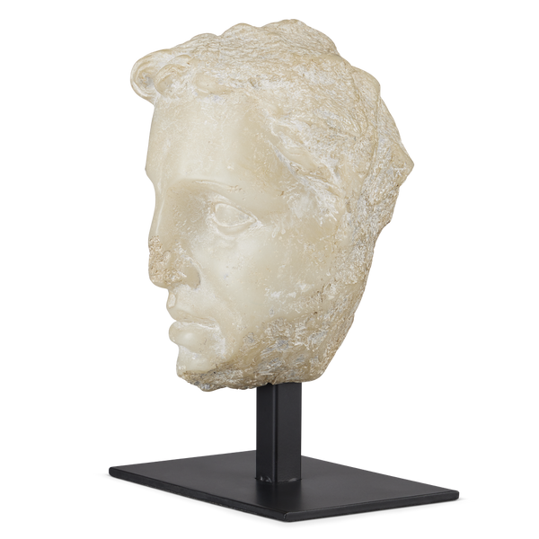 Greek Princess Head Fragment Sculpture - Aged Beige Artistry on Black Metal Base for Timeless Decor