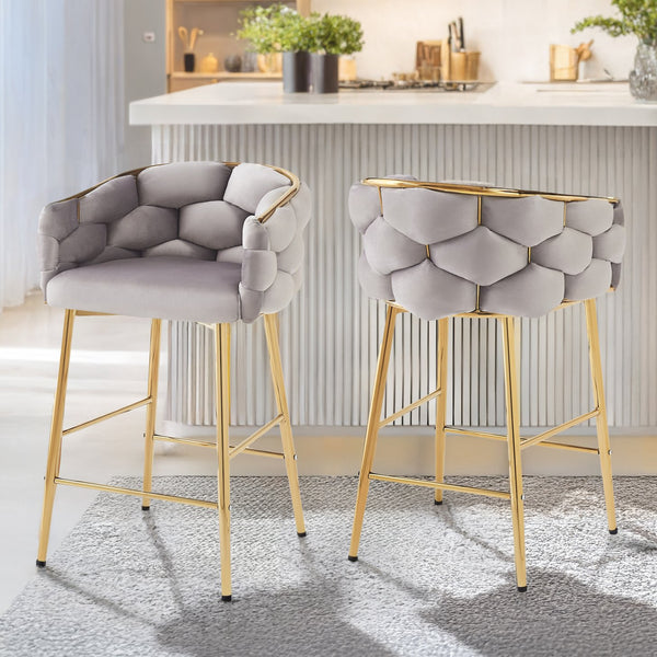 English Elm Christopher Knight Home® - 28'' Velvet Counter Stools Set of 2 with Gold Iron Frame, Plush Back & Footrest for Kitchen Grey N780P199861G