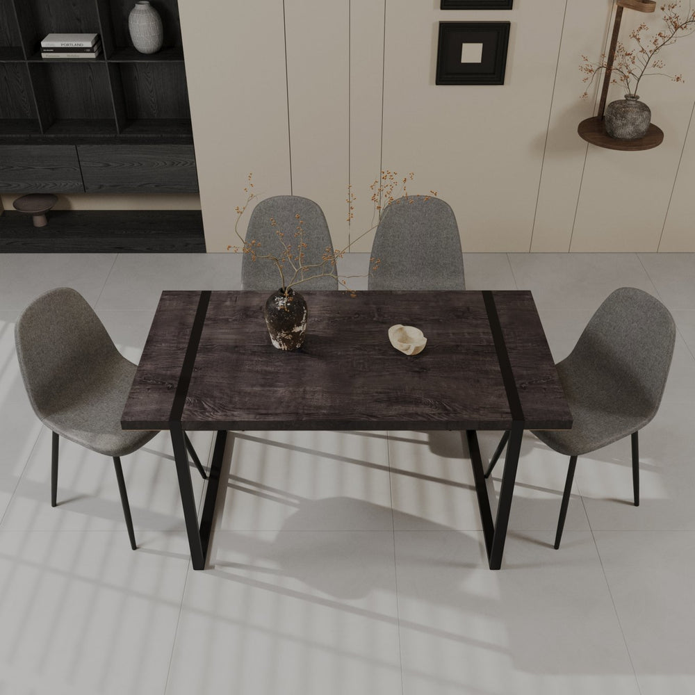 English Elm 59" Industrial Dining Set with Suede Chairs Matte Metal Base Mdf Table Seats Four Black+Grey W2189S00939