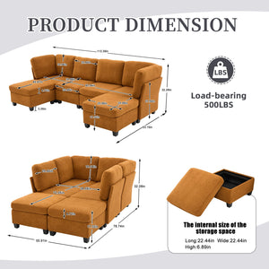 English Elm UNITED Modular 6-Seat Sectional Sofa with Removable Ottoman, Storage Compartments, Convertible Comfort Orange W1568S00246