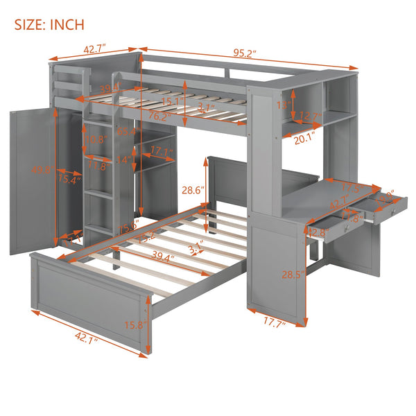 English Elm Twin Loft Bed System with Wardrobe Desk and Shelving for Kids Shared Bedroom Gray LT000820AAE-1