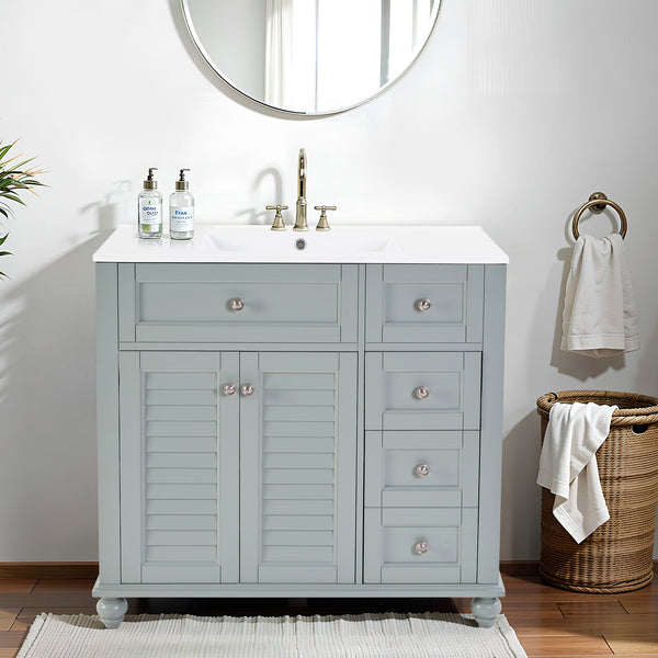English Elm 36" Modern Grey Bathroom Vanity with Ceramic Sink, Solid Wood Frame, Soft-Close Drawers, Organizer Storage Blue+Grey W2896P344088