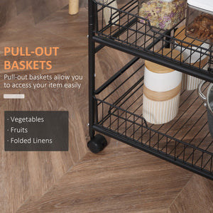 English Elm HOMCOM Rustic Brown 3-Tier Rolling Kitchen Cart with 2 Pull-Out Baskets, Side Hooks & Brake Wheels W2225P217410