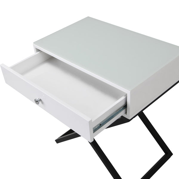 English Elm Dario Contemporary End Table with Tempered Glass Top Open Shelf and Storage Drawer White B2749P413399