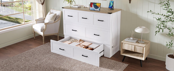 English Elm Murphy Full-Size Cabinet Bed with Built-In Charging Station, Storage Drawer & 700lb Capacity Comfort White 52.5 L x 26 W x 5.5 H N733S293995W
