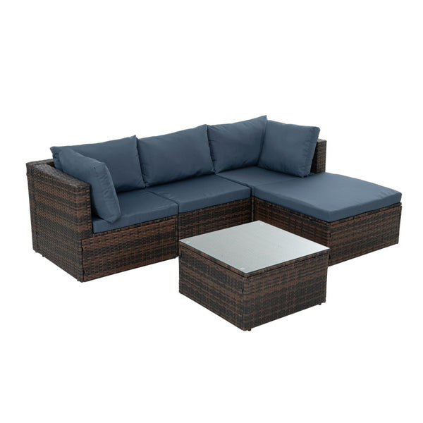 English Elm Patio 5-Piece Wicker Furniture Set With Comfortable Cushions & Glass Coffee Table For Outdoor Relaxation W1703S00021-GIGA