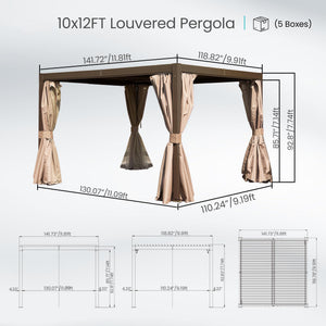 English Elm 10x12 Modern Brown Louvered Pergola with Dual Adjustable Aluminum Louvers, Gutter, Secure Mounting W1859S00124