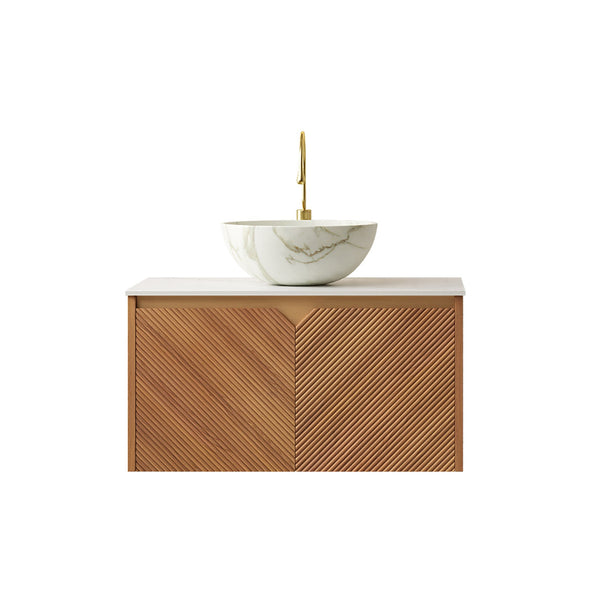 English Elm Muri Floating Bathroom Vanity Plywood Cabinet Sintered Stone Top Oak Drawer W2615S00578