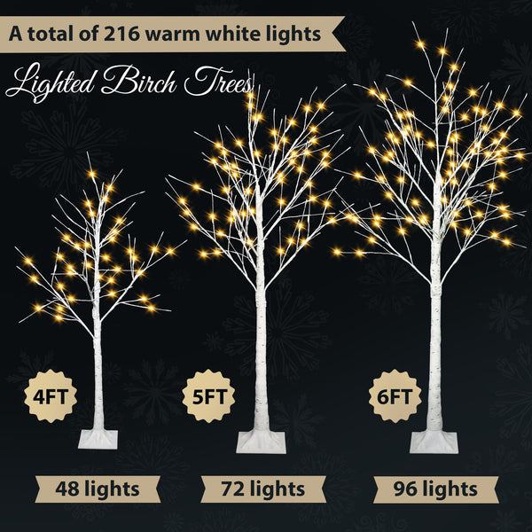 English Elm Set of Lighted Birch Tree with 216 Warm White LEDs, 3-Sizes 4/5/6FT, Indoor/Outdoor Romantic Decor N710P181843Y