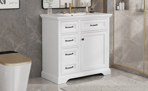 English Elm 36-Inch Modern Bathroom Vanity with Ceramic Basin, 4 Drawers & Soft-Close Door, Pre-Drilled Faucet Ready, Durable MDF and Solid Wood Construction (36"L x 18.3"W x 33.4"H) White N725P296118K