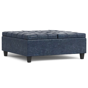 English Elm Harrison Large Square Storage Ottoman Coffee Table in Denim Blue Vegan Leather with Tufting & Lift Top B136P254708