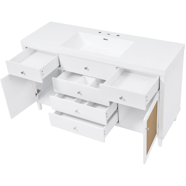 English Elm Christopher Knight Home® - 60" Modern Bathroom Vanity with Durable SMC Sink, Rattan Doors, Soft-Close Drawers, Pine Legs White N817P296130W