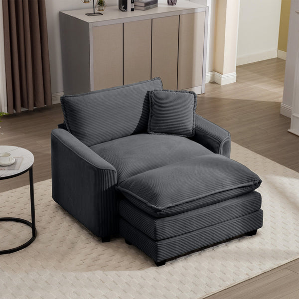 English Elm Comfortable Single Chair With Footstool & Pillow – Soft Grey Corduroy For Living Room & Bedroom Use W714S00703