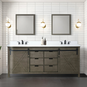 English Elm Rustic Brown Double Bath Vanity 80" W x 22" D with White Quartz, Matte Black Faucets & 30" Mirrors B2731S01078