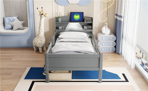 English Elm Wood Twin Size Platform Bed with Built-in LED Light, Multifunctional Headboard, Guardrail & Storage Drawers Gray N709P243969E