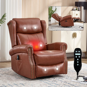 English Elm Heat Massage Rocker Recliner Genuine Leather Swivel Chair with Lumbar Vibration Nodes W3224S00016