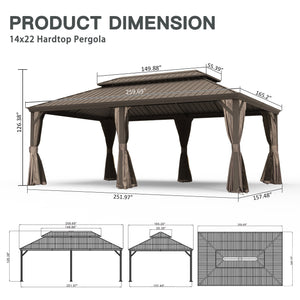 English Elm 14' X 22' Hardtop Gazebo with Drainage System, Dual-Layer Galvanized Roof, Curtains & Mesh Protection Brown W1859S00152