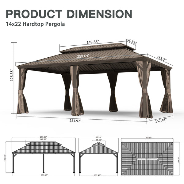 English Elm 14' X 22' Hardtop Gazebo with Drainage System, Dual-Layer Galvanized Roof, Curtains & Mesh Protection Brown W1859S00152