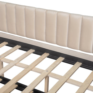 English Elm Full Size Velvet Upholstered Daybed with Pull Out Trundle and Wood Slat Support Beige LP100121AAA