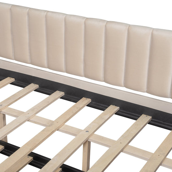 English Elm Full Size Velvet Upholstered Daybed with Pull Out Trundle and Wood Slat Support Beige LP100121AAA