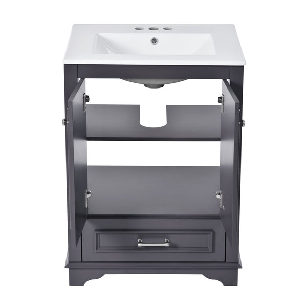 English Elm 24'' Bathroom Vanity with Ceramic Sink Combo Modern Freestanding MDF Cabinet with Soft-Close Doors and Sleek Silver Handles for Spacious Organized Bathroom Storage Blue Gray N710P194893C