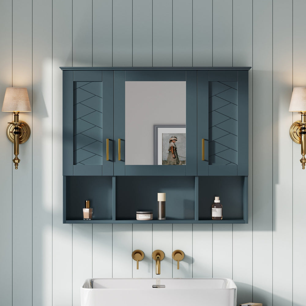 English Elm 35 Inch Wall Mount Medicine Cabinet Soft Close Mirror Storage for Modern Bathroom Blue N710P389453C