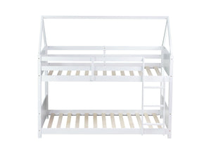 English Elm Twin Over Twin House Bunk Bed With Guardrails, Ladder & Cozy Floor Bed - White Rubberwood Design W504P227938-GIGA