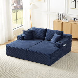 English Elm Compressible Modular U-shaped Cloud Sofa Corduroy Sectional for Spacious Living Rooms Blue W2339S00149