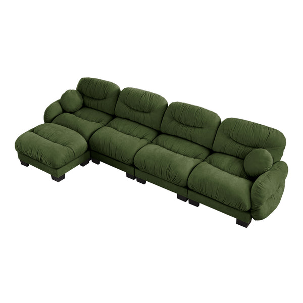 English Elm Pleated Chenille Sectional Sofa with Ottoman Ergonomic Foam Curved Armrests Living Room Green W5656S00053