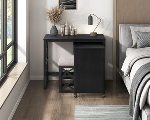 English Elm Desks 3-Piece Set with Rolling Small Desk, Upholstered Stool & Large Stationary Desk for Compact Workspaces Black 38.5 L x 21.5 W x 17.5 H B011P287465