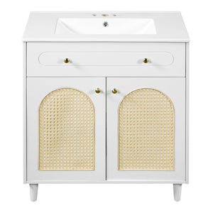 English Elm 30" Rattan Front Bathroom Vanity Solid Pine Cabinet with Ceramic Sink and Adjustable Shelf White N710P293988K