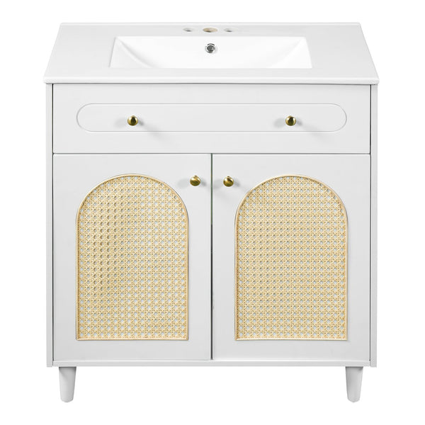 English Elm 30" Rattan Front Bathroom Vanity Solid Pine Cabinet with Ceramic Sink and Adjustable Shelf White N710P293988K