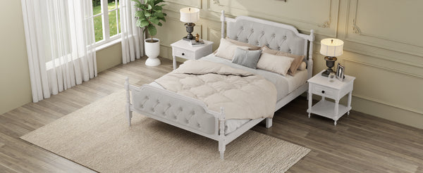 English Elm Traditional Solid Wood Bed Frame with Tufted Upholstered Headboard, No Box Spring Needed, Sturdy 400 lb Capacity Antique White 57.5 L x 22.5 W x 10.5 H N701P242546K