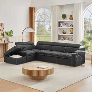 English Elm Black Fabric Sectional Sofa Bed with Storage Ottoman, Pocket Spring Seats, Solid Wood Frame, Modern Durable Design W588S00075