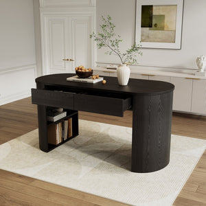 English Elm Storage Writing Desk with Curved Base Open Shelves and Drawers for Home Office Black N757P306285B